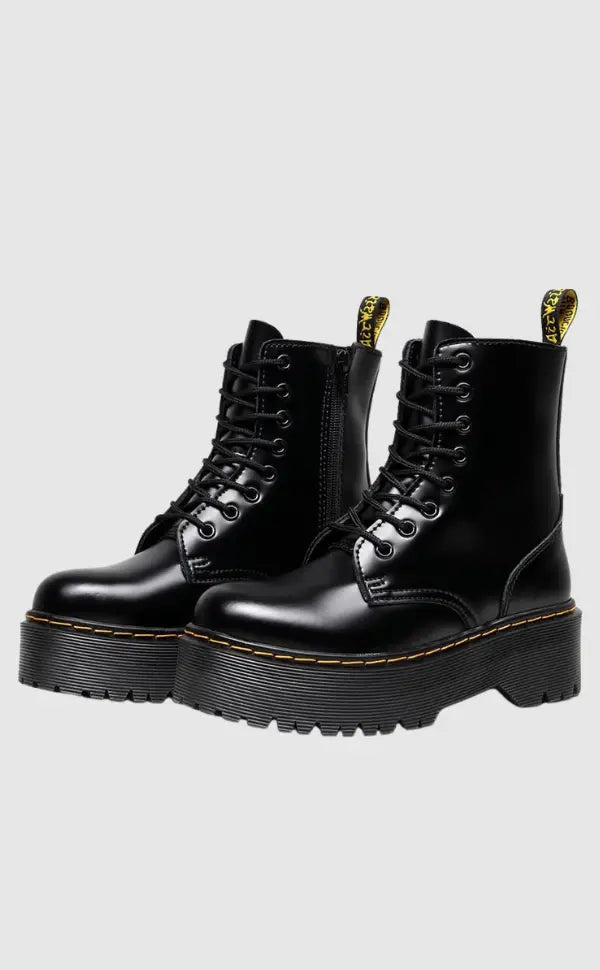 Platform Combat Boots Black Leather With Chunky Sole