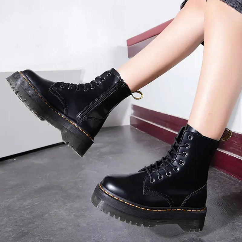 Platform Combat Boots Black Leather With Chunky Sole