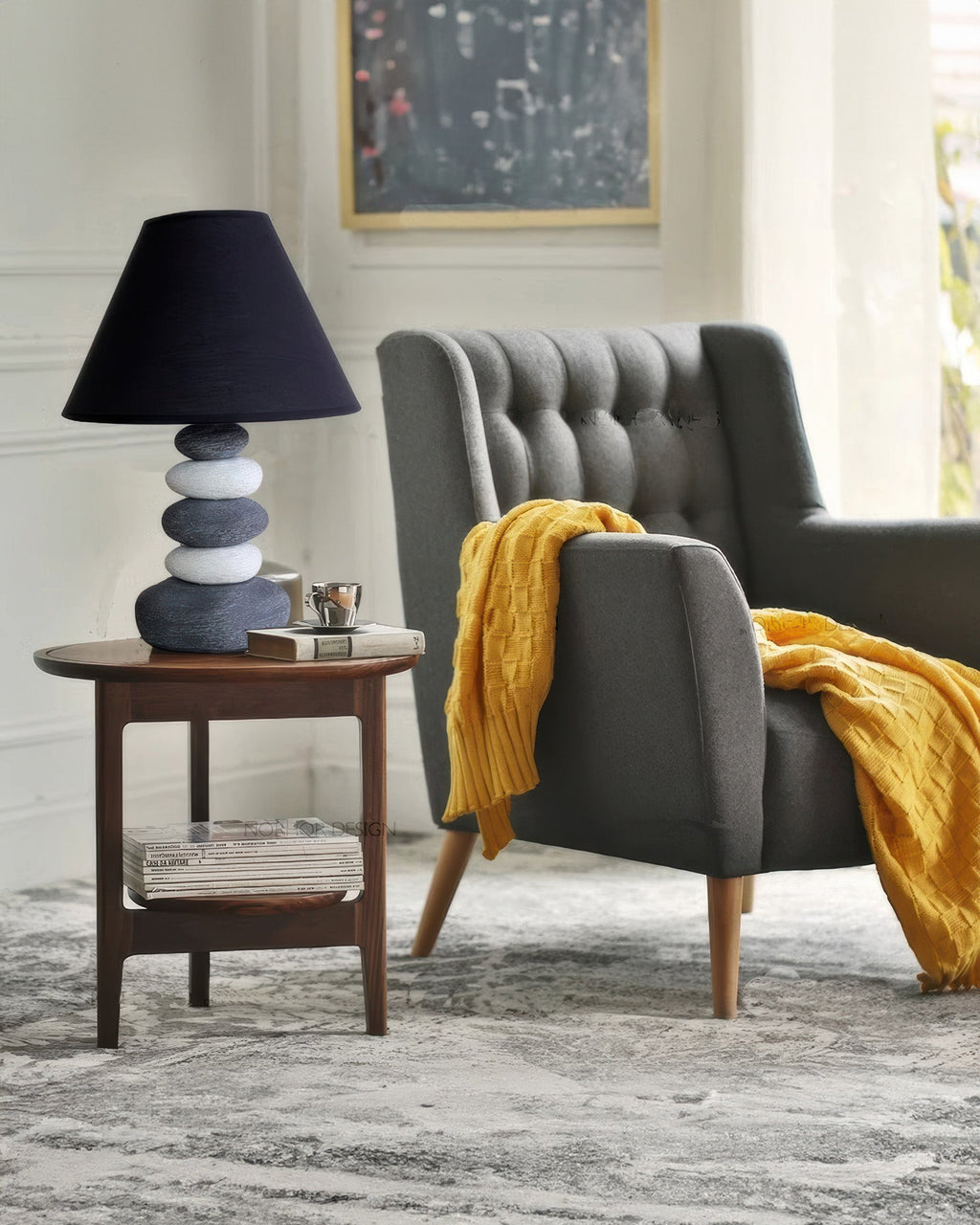 Liora Ambient Fabric Table Lamp With Stone Effect Ceramic Base And Soft Shade