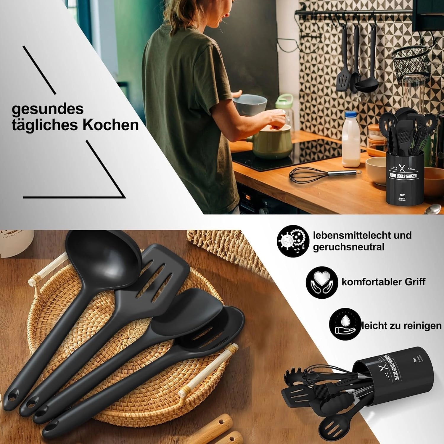 Aurora Ivory silikone køkkenredskabssæt, non-stick, varmebestandigt, ergonomisk