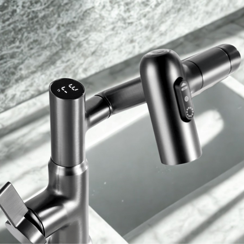 FlowMatrix 360 Degree Swivel Faucet With Adjustable Height And Temperature Display