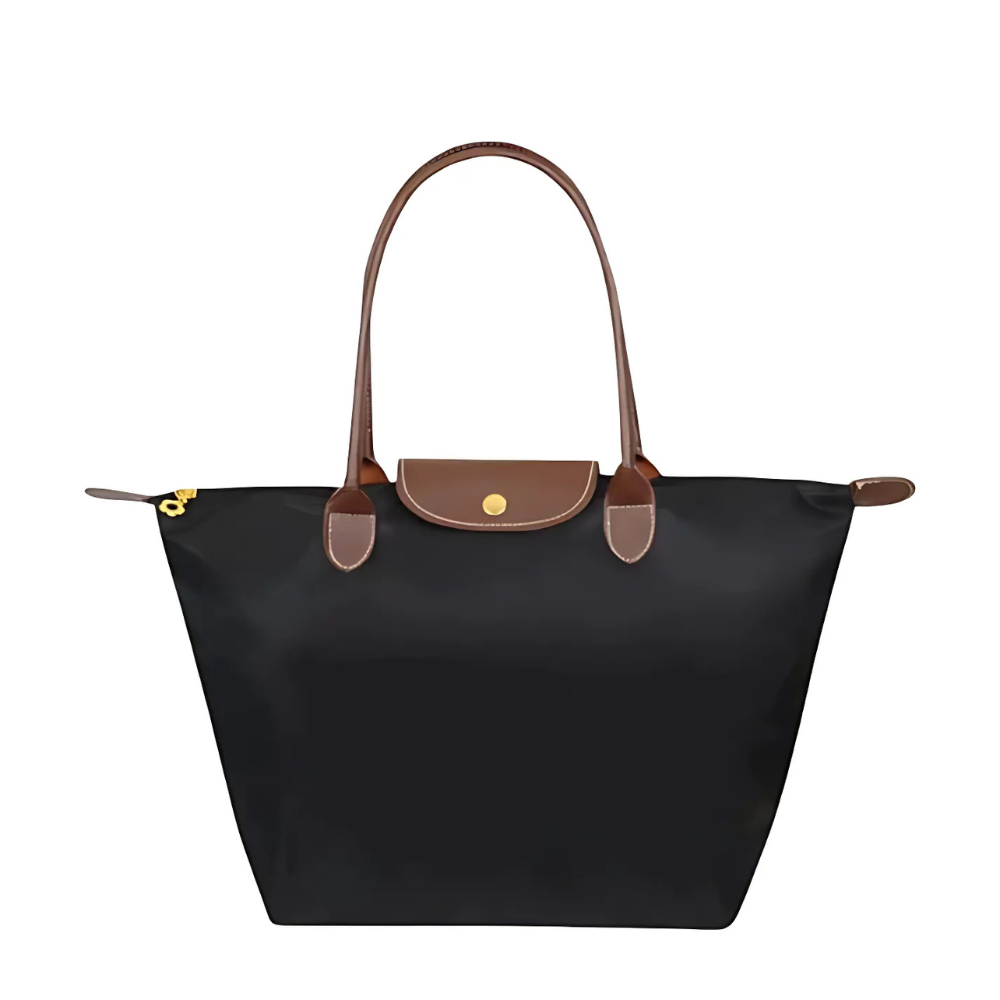 Tidløs nylon-tote med brun læderkant og gulddetaljer