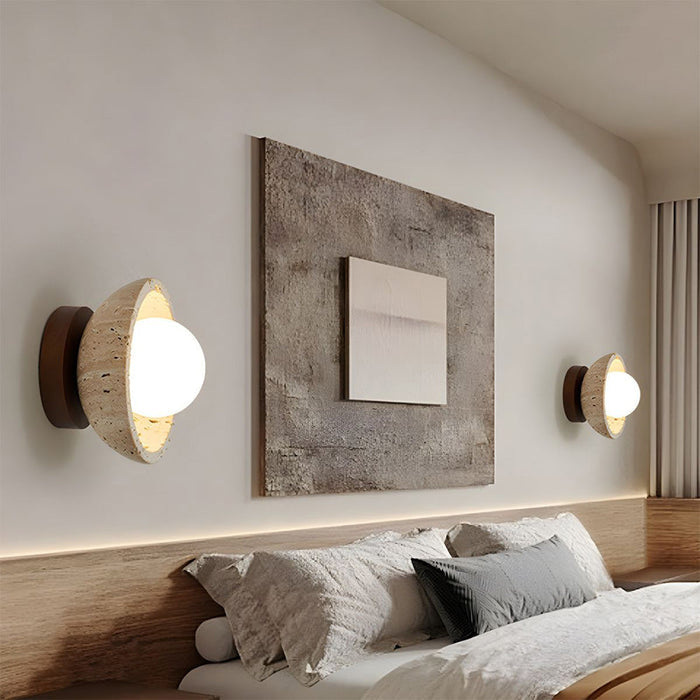 Astrae Travertine Bowl LED Wall Sconce Boho Natural Stone