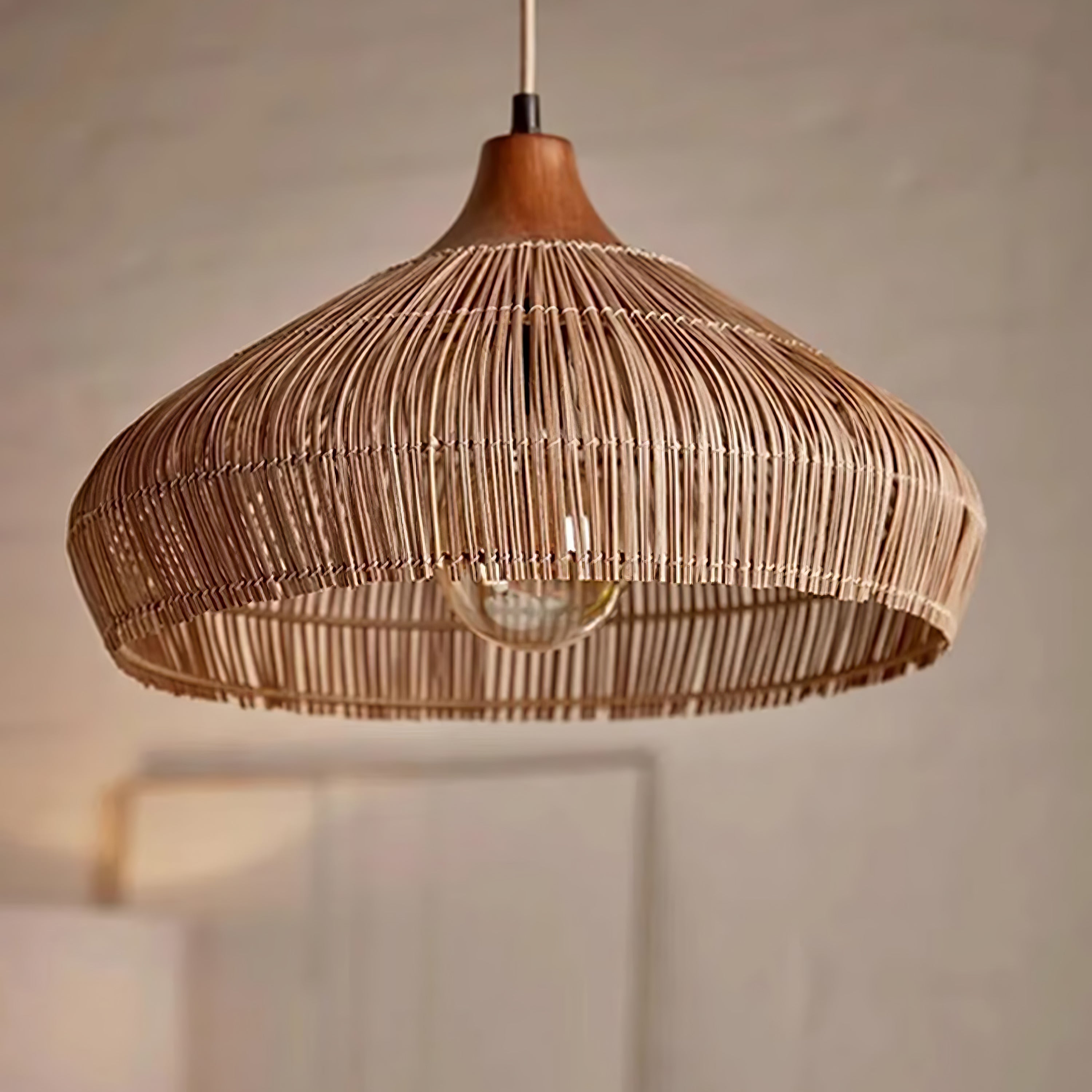 Lunara Rattan and Wood Pendant Light With Warm LED Glow