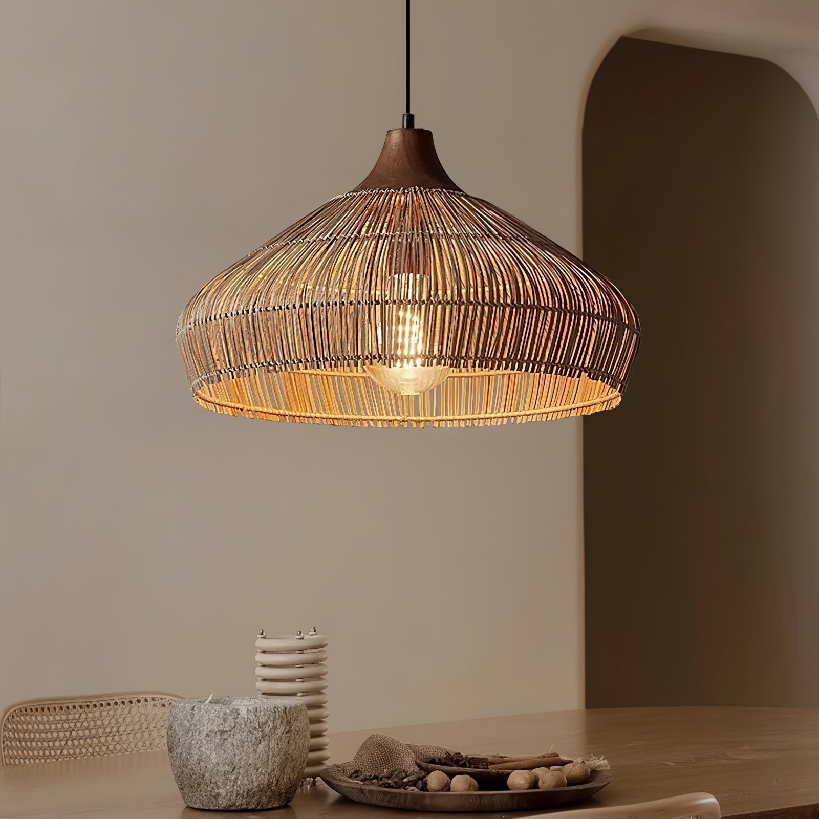Lunara Rattan and Wood Pendant Light With Warm LED Glow