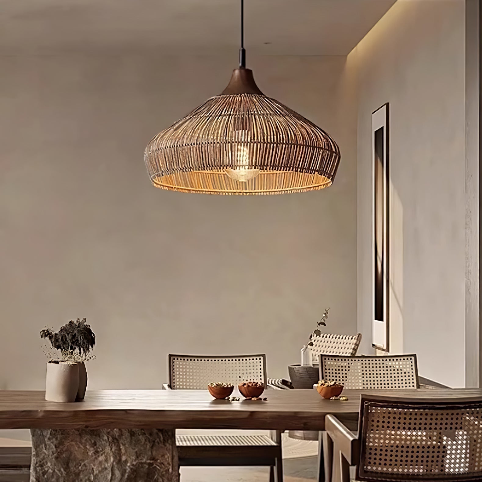 Lunara Rattan and Wood Pendant Light With Warm LED Glow