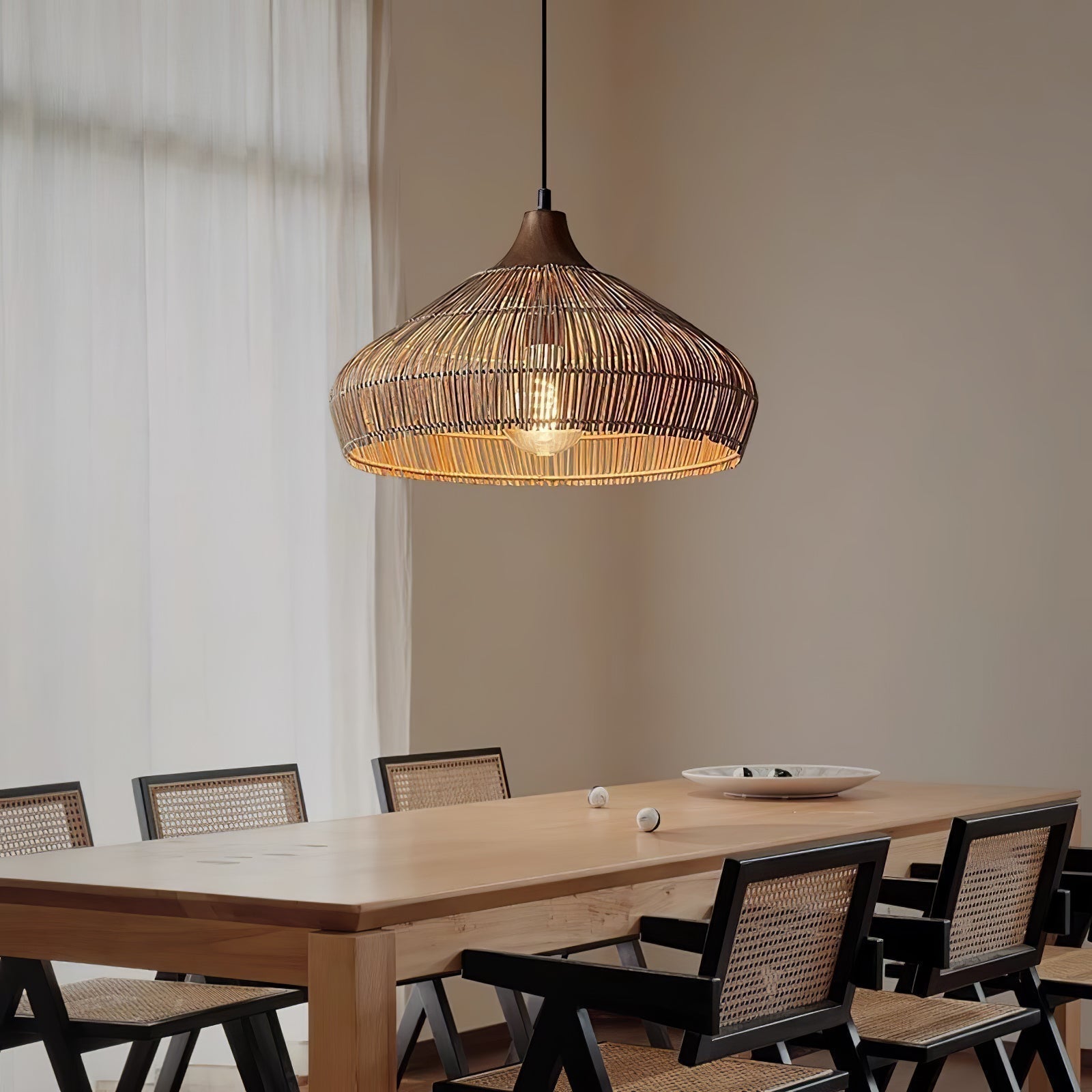 Lunara Rattan and Wood Pendant Light With Warm LED Glow