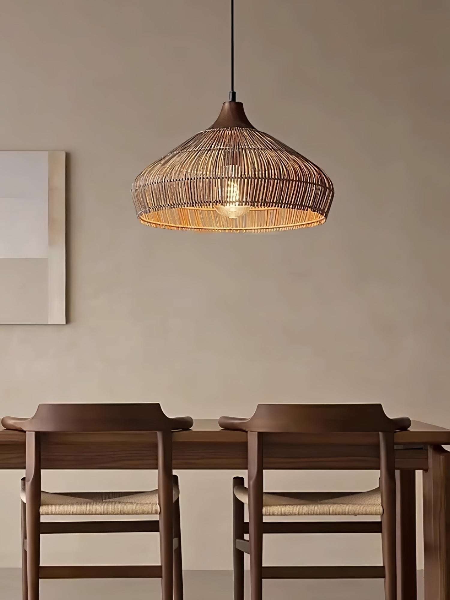 Lunara Rattan and Wood Pendant Light With Warm LED Glow