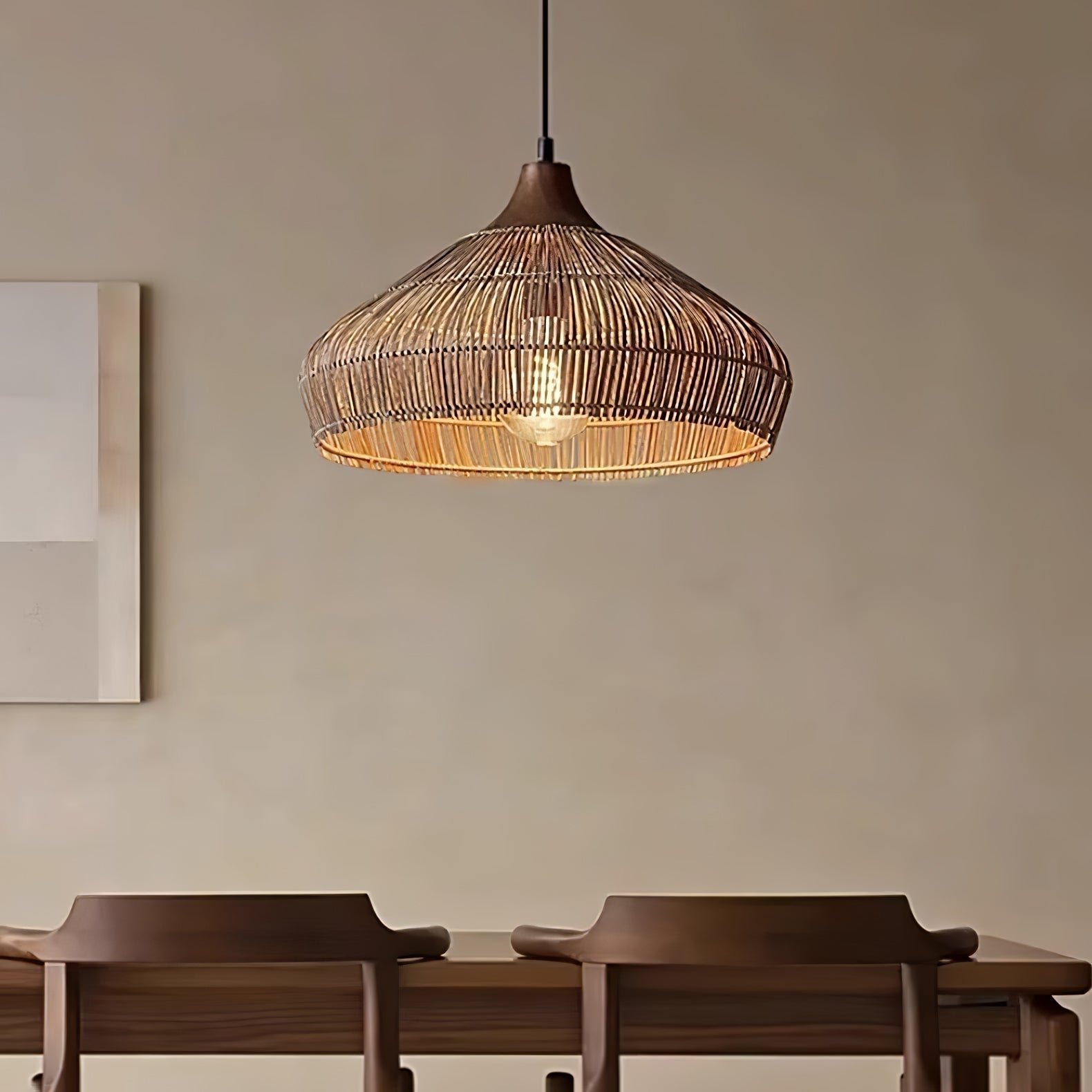Lunara Rattan and Wood Pendant Light With Warm LED Glow