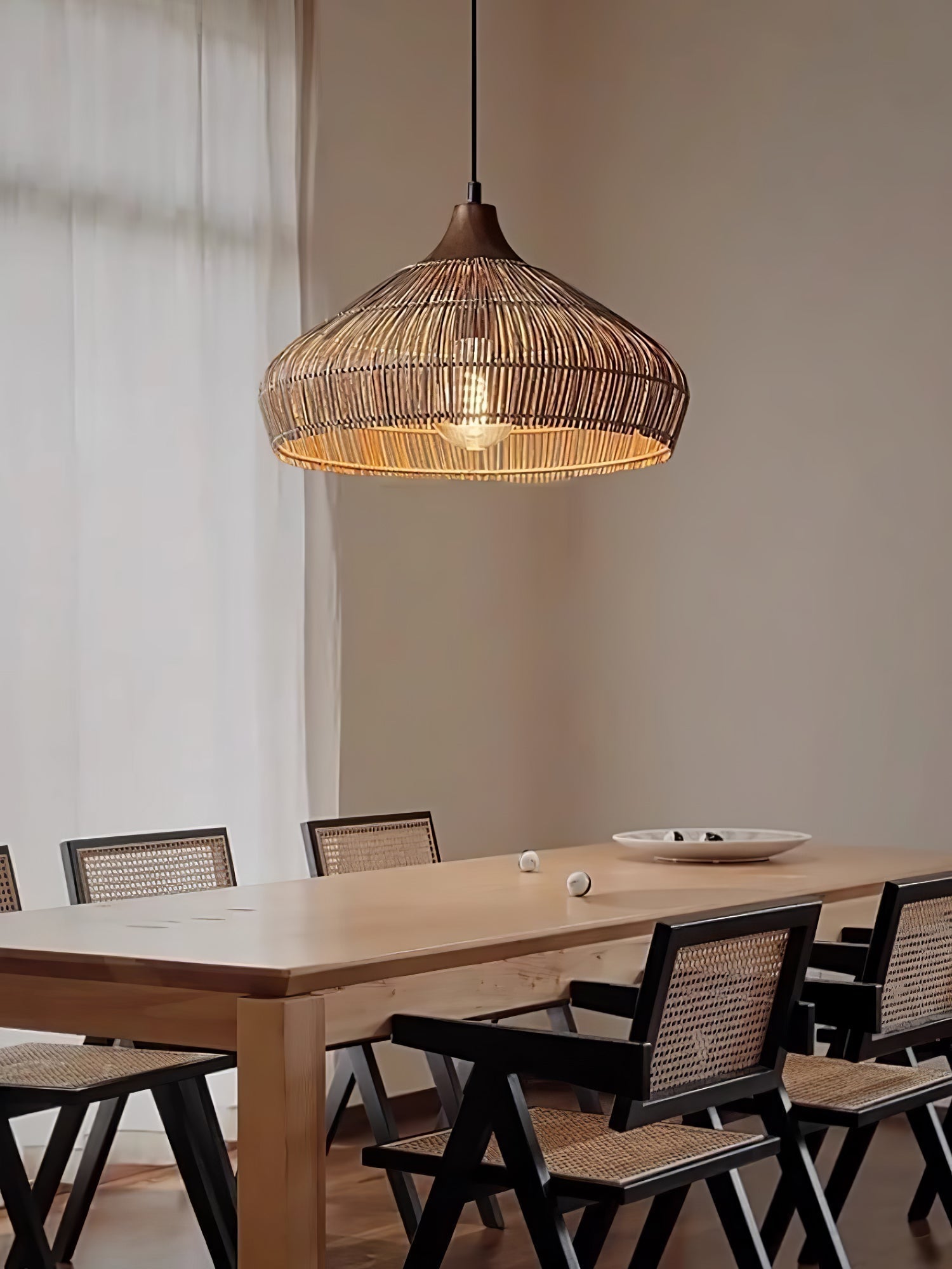 Lunara Rattan and Wood Pendant Light With Warm LED Glow