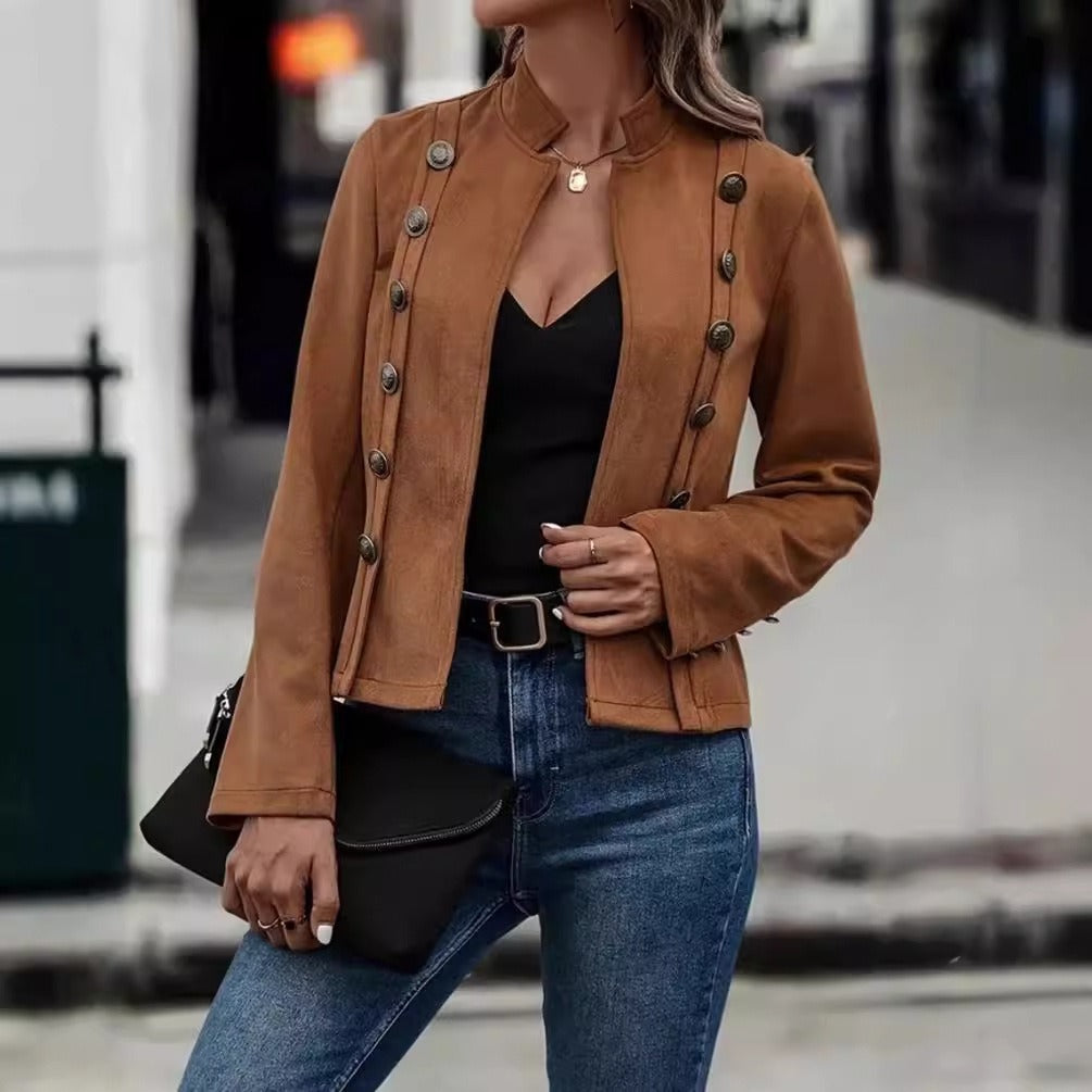 Retro Velvet Double Breasted Jacket With Mandarin Collar