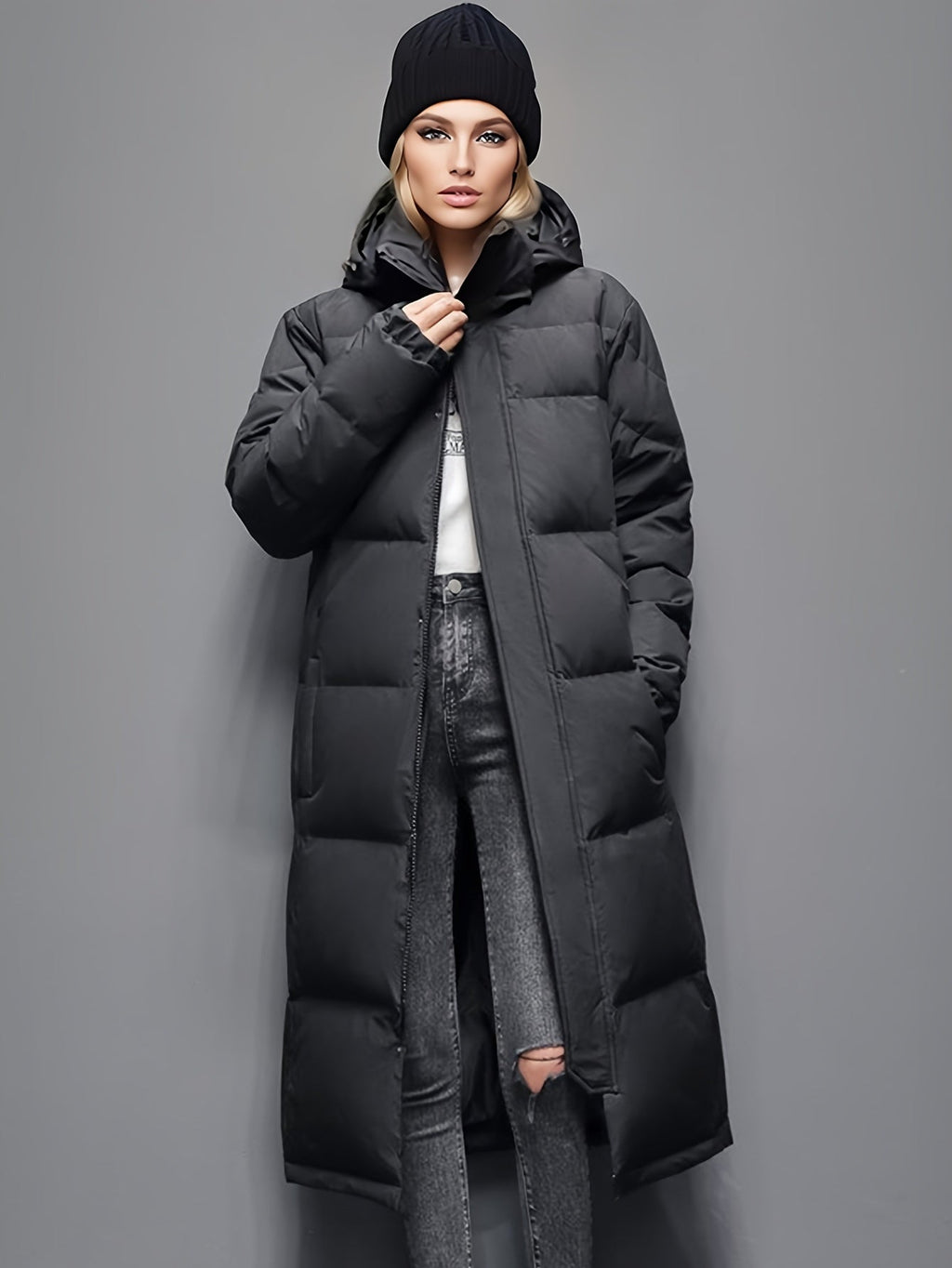 Long Down Winter Coat With Quilted Hooded Puffer Design