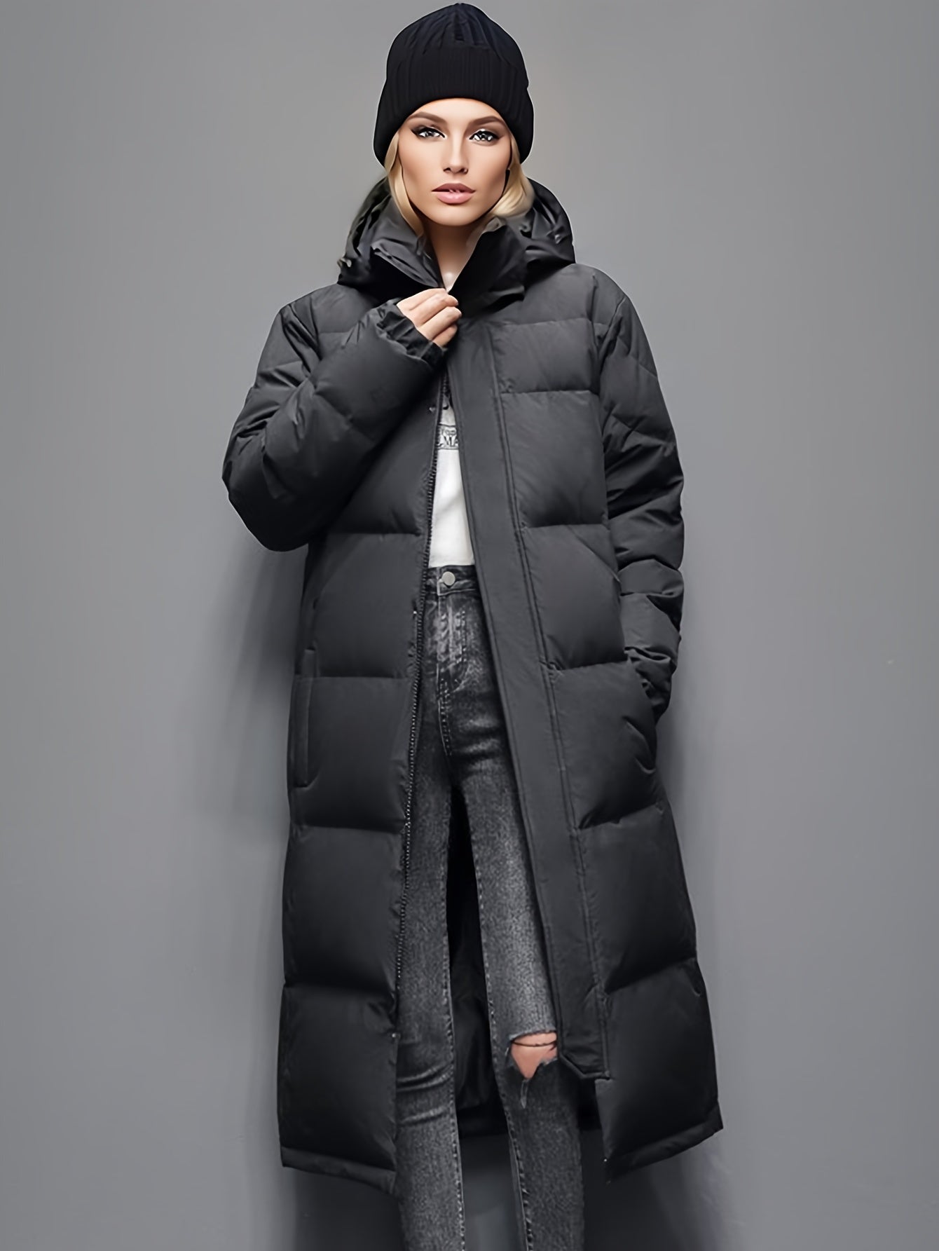Long Down Winter Coat With Quilted Hooded Puffer Design