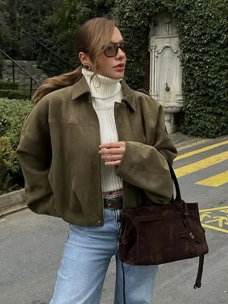 Giacca Bomber in Camoscio Vintage da Donna, Oversize Marrone e Verde