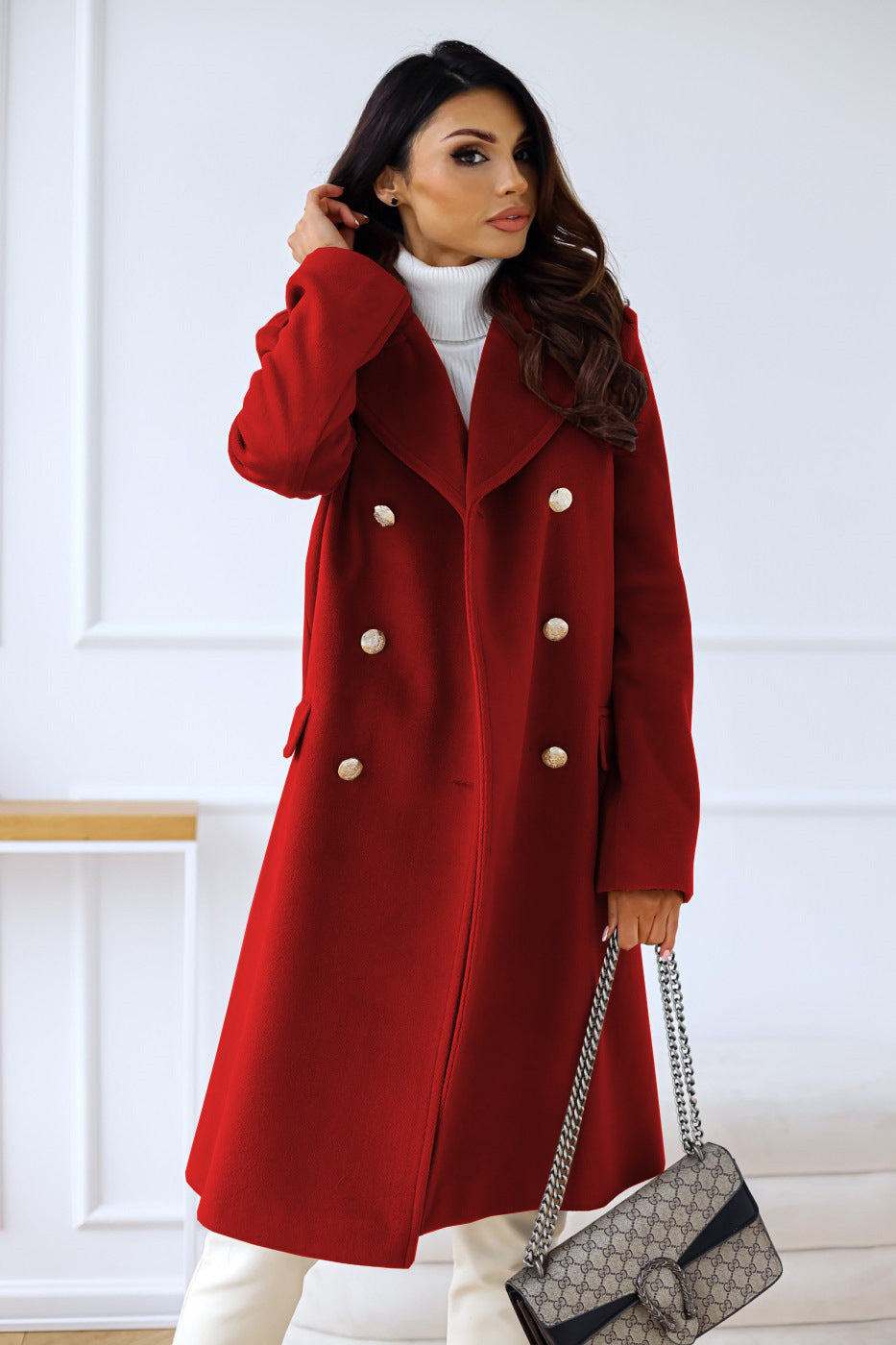 Cappotto in lana doppiopetto color cammello, lungo fino ai piedi, per l'inverno
