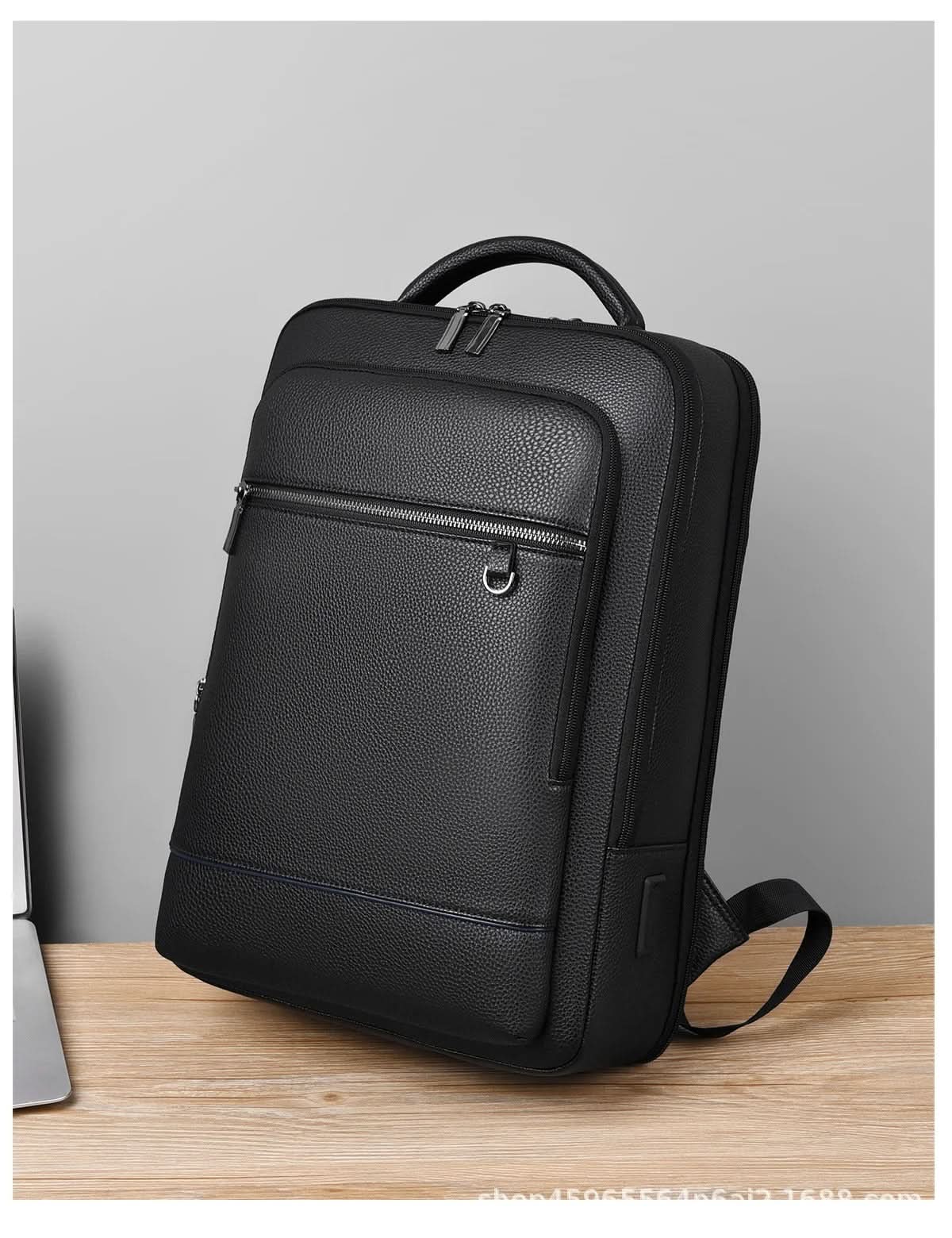 Elegantní kožený batoh s USB portem pro 15,6palcový notebook, černý