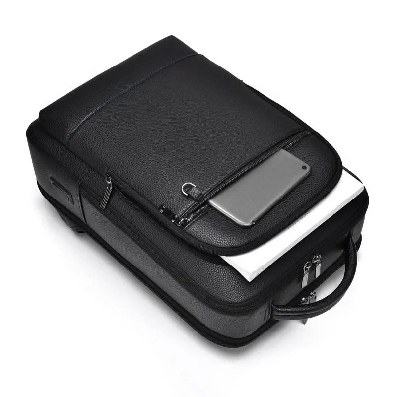 Elegantní kožený batoh s USB portem pro 15,6palcový notebook, černý