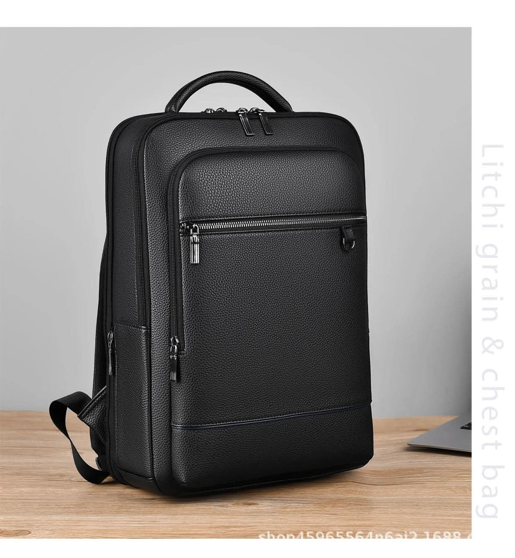 Elegantní kožený batoh s USB portem pro 15,6palcový notebook, černý