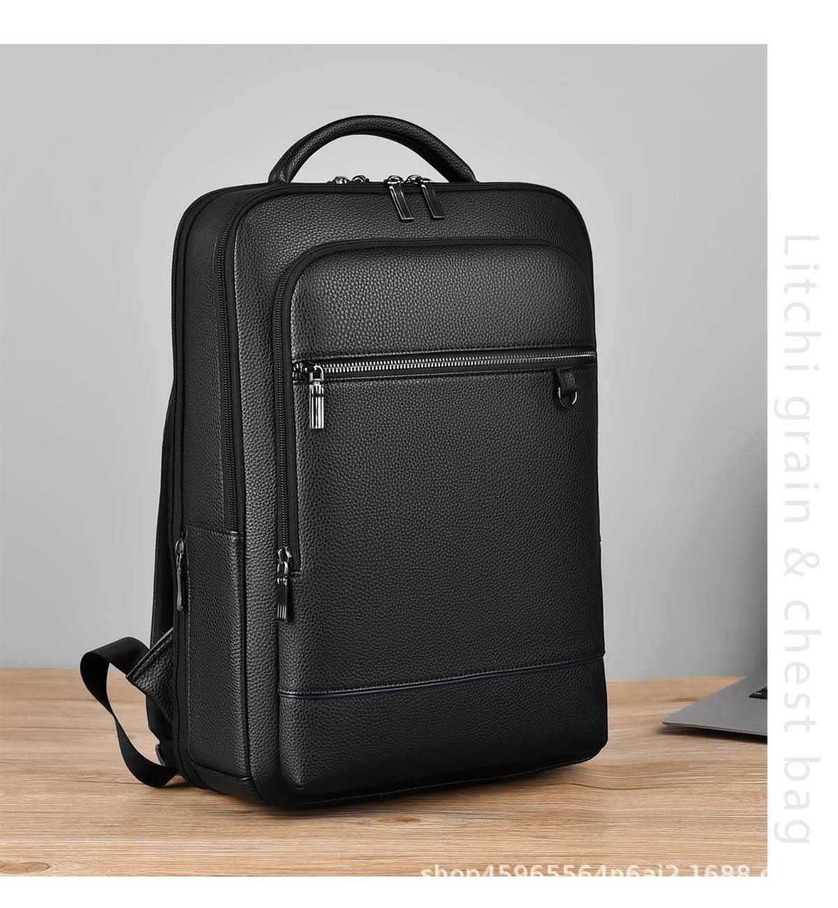 Elegantní kožený batoh s USB portem pro 15,6palcový notebook, černý