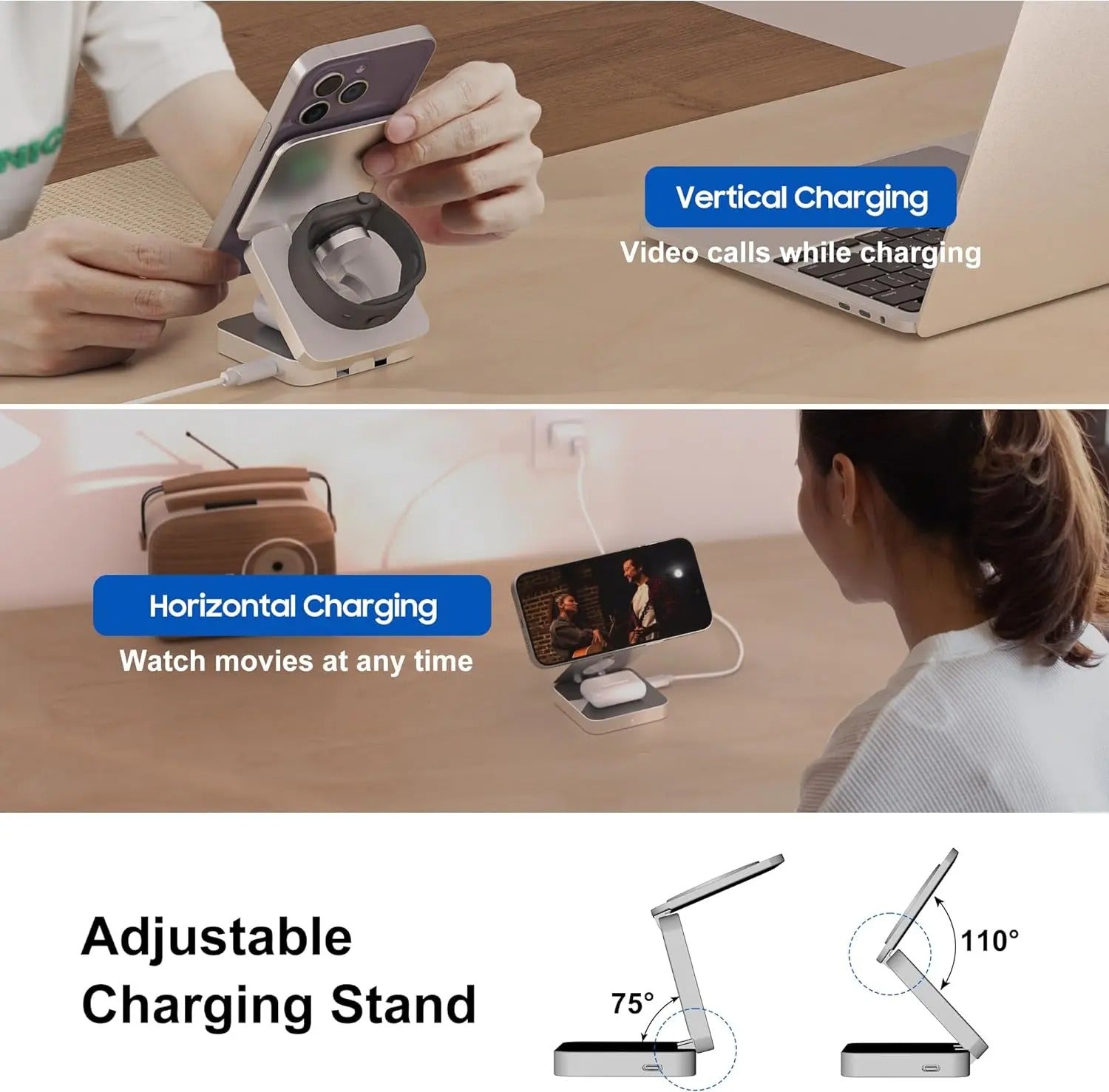 VeloCharge Magnetic Foldable 3-In-1 Wireless Charger For iPhone AirPods Apple Watch