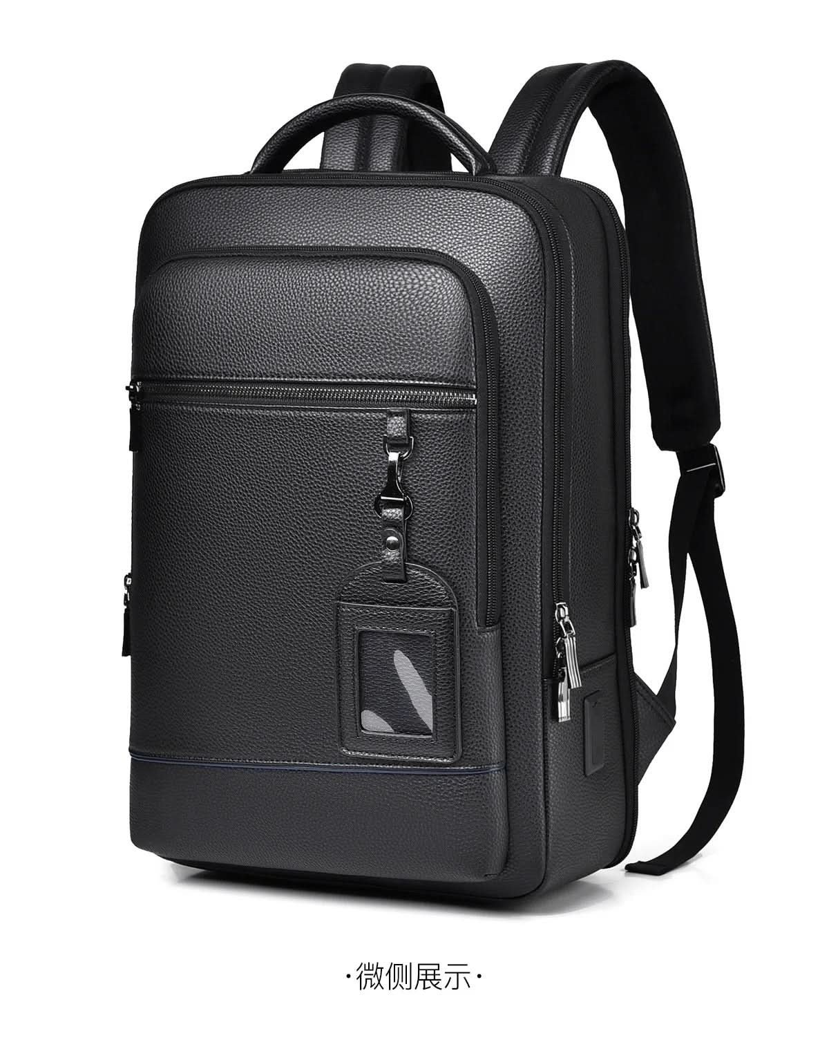 Elegantní kožený batoh s USB portem pro 15,6palcový notebook, černý
