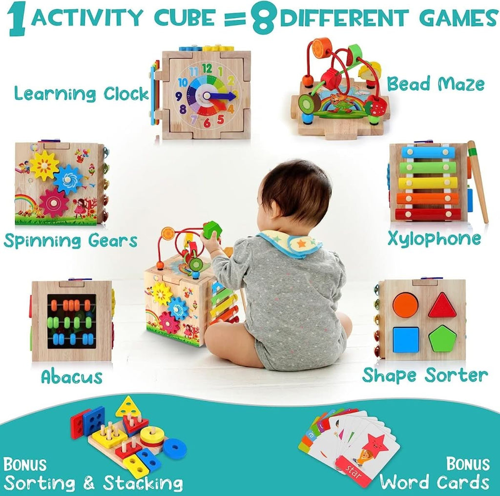 BrightCube Eight In One Montessori Wooden Activity Cube For Toddlers