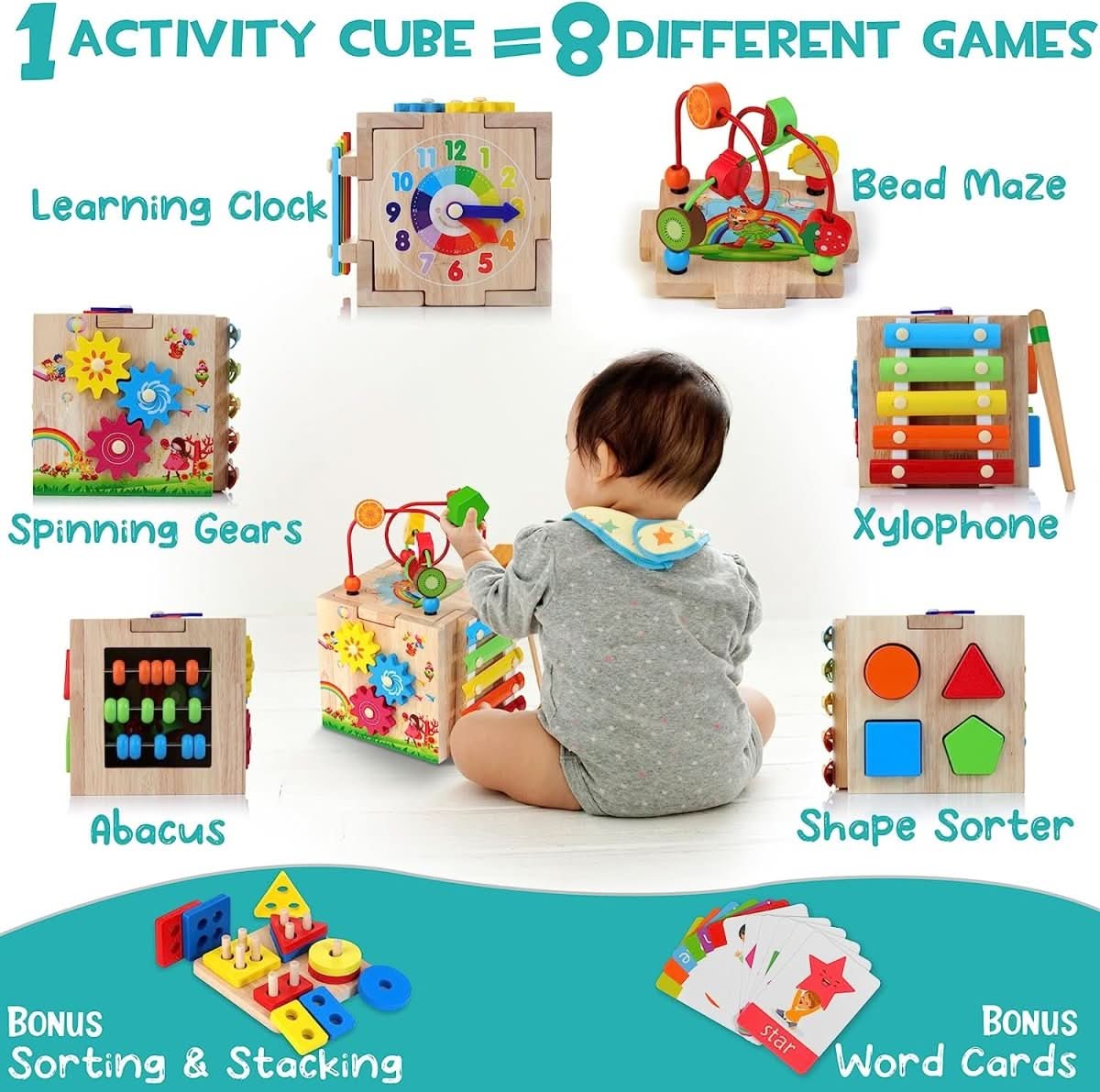 BrightCube Eight In One Montessori Wooden Activity Cube For Toddlers