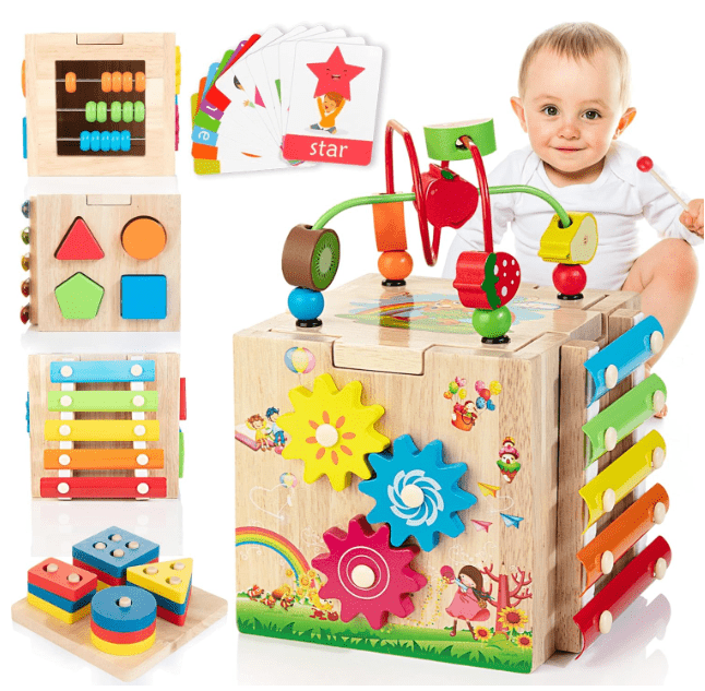 BrightCube Eight In One Montessori Wooden Activity Cube For Toddlers