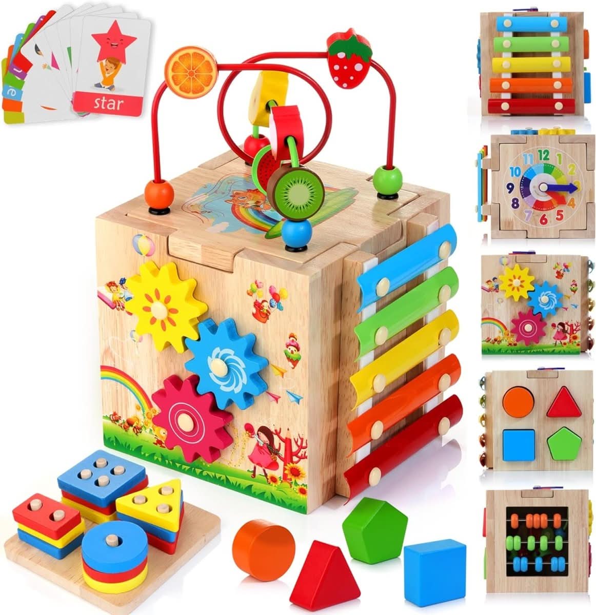 BrightCube Eight In One Montessori Wooden Activity Cube For Toddlers