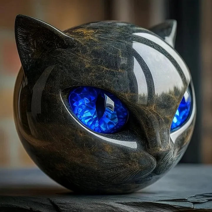LumenMuse Marmor Kattehovedskulptur med Hypnotiske Øjne