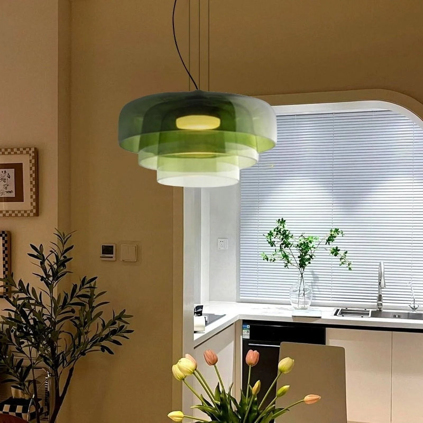 FjordGlow Glass Pendant Light With Metal Shade For Dining Room 110V-120V
