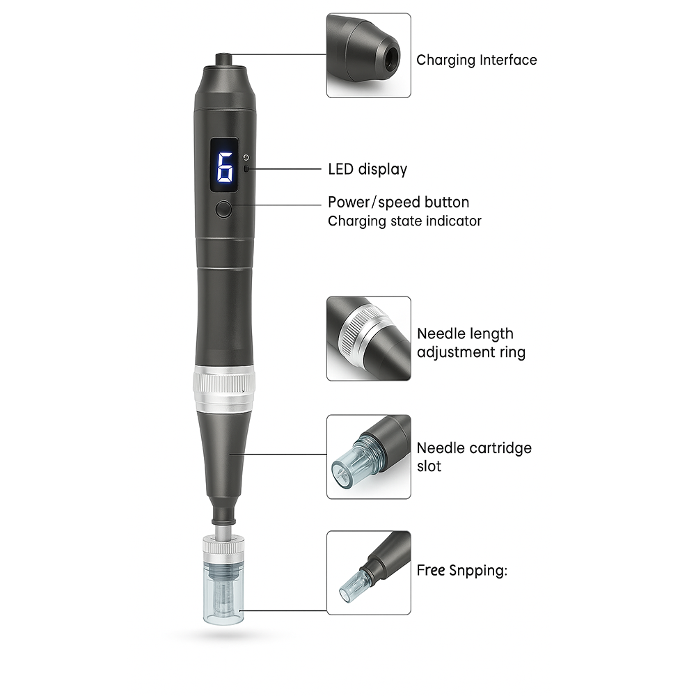 ApexDerm Pro Ultima M8 Microneedling Dermapen USB Genopladelig, 5 Patroner 32Pin