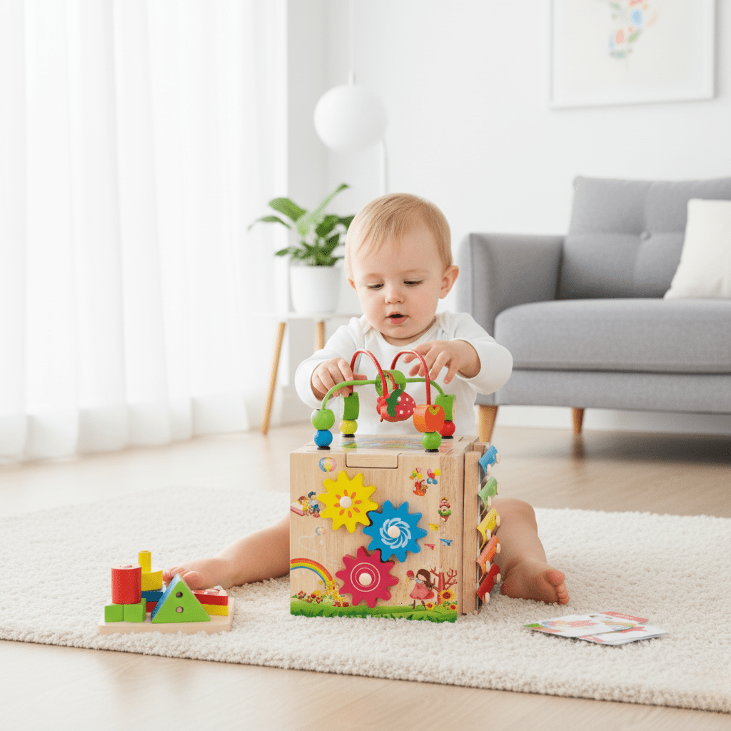 BrightCube Eight In One Montessori Wooden Activity Cube For Toddlers