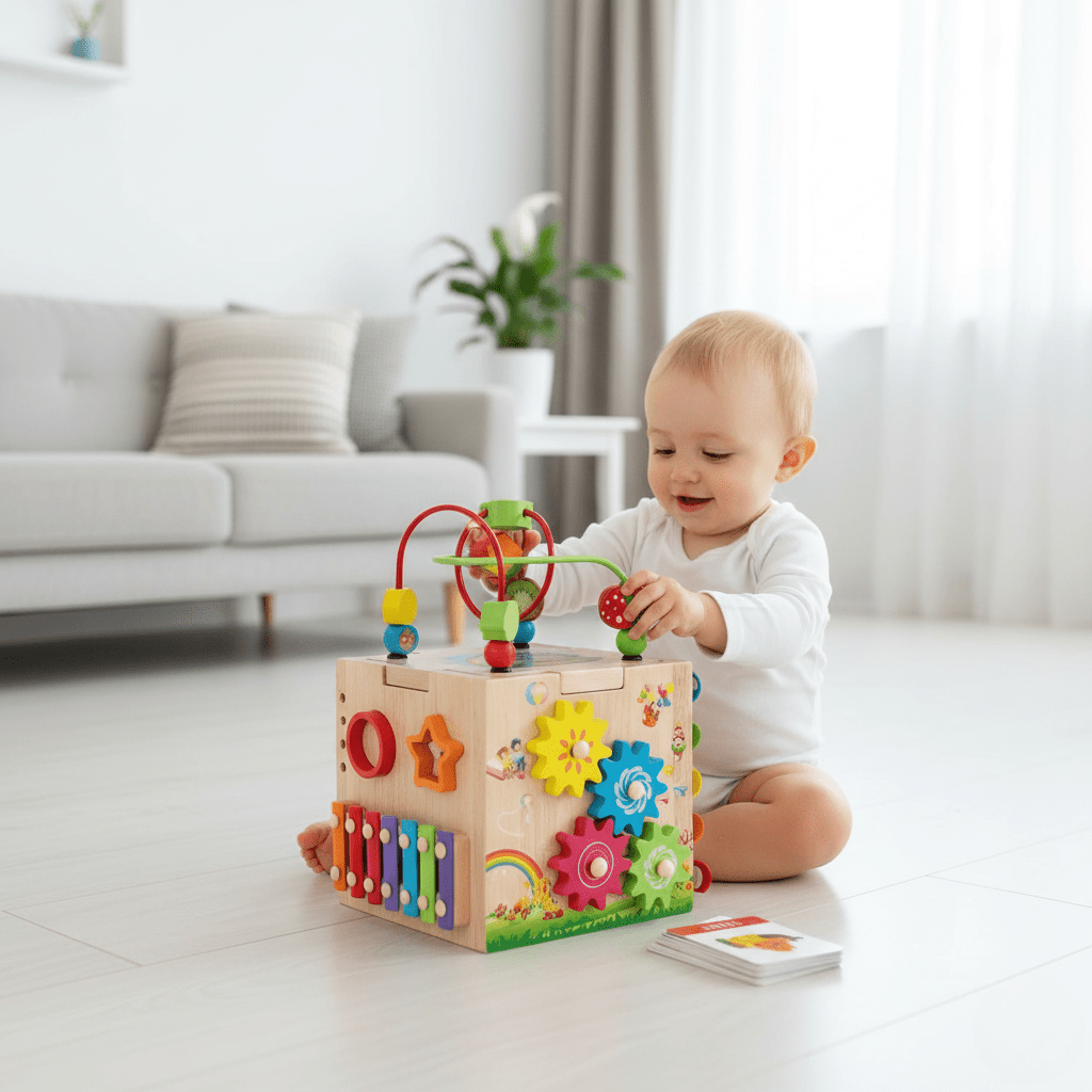 BrightCube Eight In One Montessori Wooden Activity Cube For Toddlers
