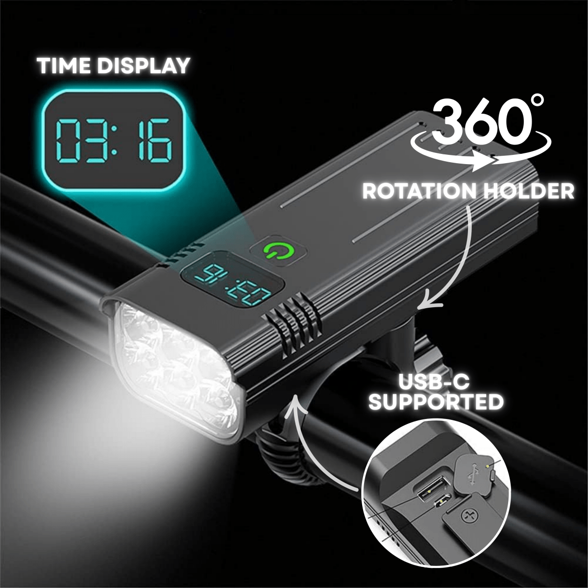 NovaGlide X 5000 Lumen Bike Light With 12 LEDs And USB-C Rechargeable Battery