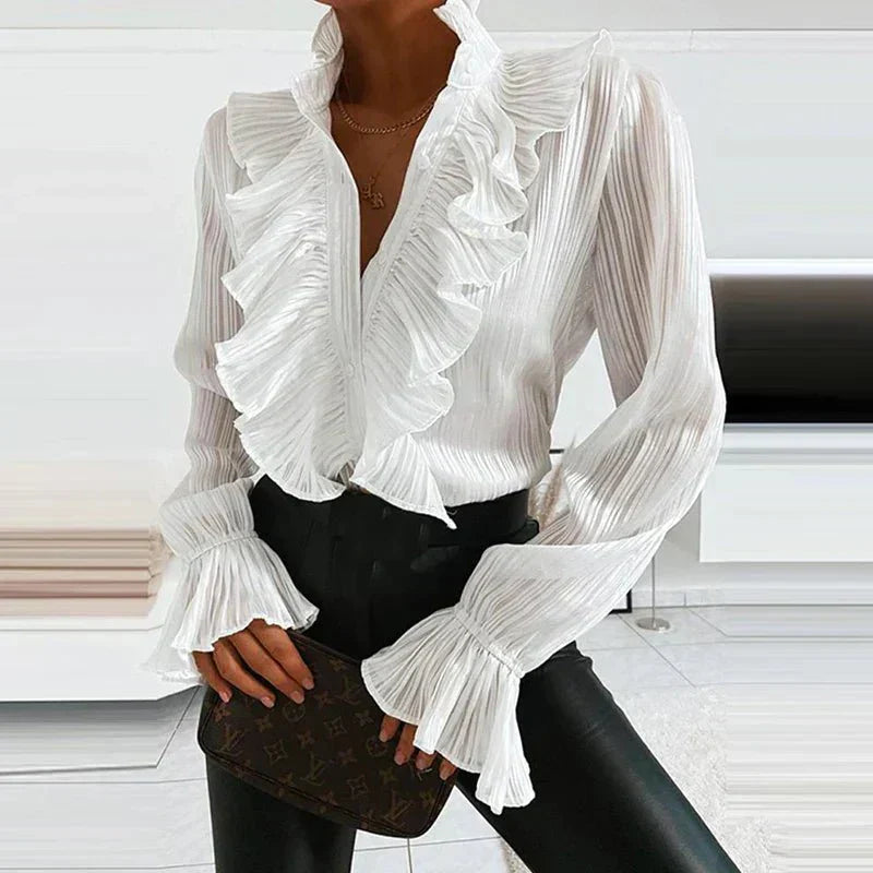 Chiffonbluse mit Rüschen und plissierten langen Ärmeln